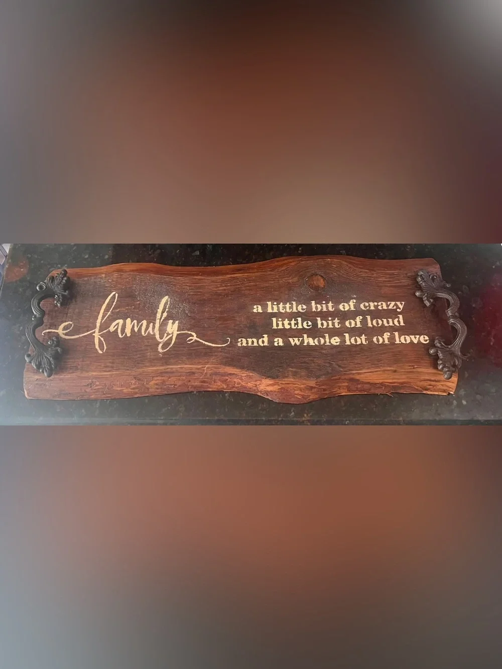 Family Wooden Wall Plaque in Brown with Cream Script